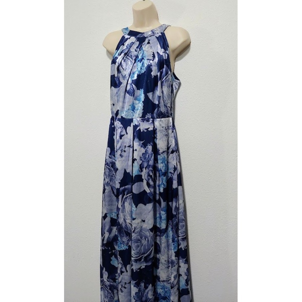 Womens Blue S Floral Pleated Sleeveless Formal Maxi Dress Elegant By Candalette - Picture 4 of 12